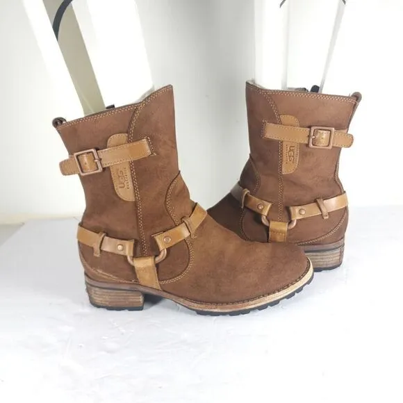 Ugg Women's Endell US 7 Brown Suede Sheepskin Lined Side Zip Moto Biker boots