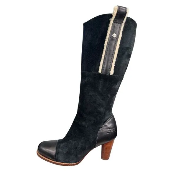 UGG Women’s Tess Black Suede Side Zip Tall Heeled Boot Size US 7