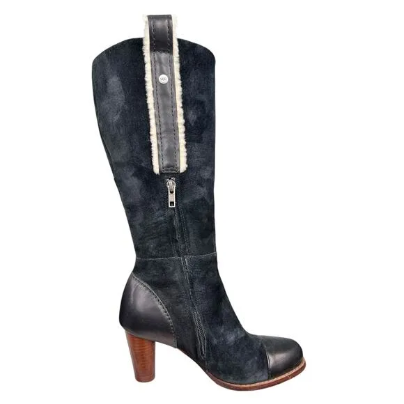 UGG Women’s Tess Black Suede Side Zip Tall Heeled Boot Size US 7