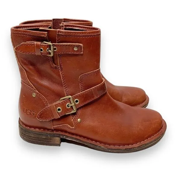 UGG Women's Fabrizia Short Moto Motorcycle Boot Size 7 Brown Leather Buckles Zip