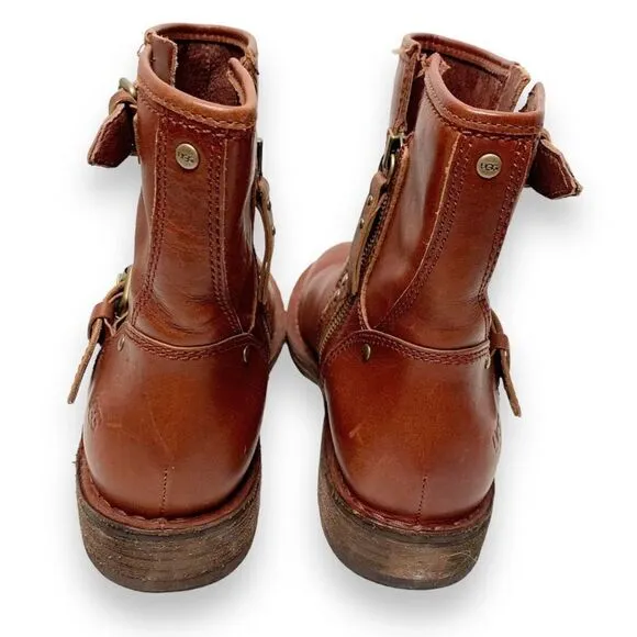 UGG Women's Fabrizia Short Moto Motorcycle Boot Size 7 Brown Leather Buckles Zip
