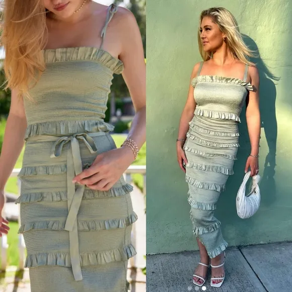 V. Chapman Lily Ruched &amp; Ruffled Stretch Satin Midi Dress Sage Green 10