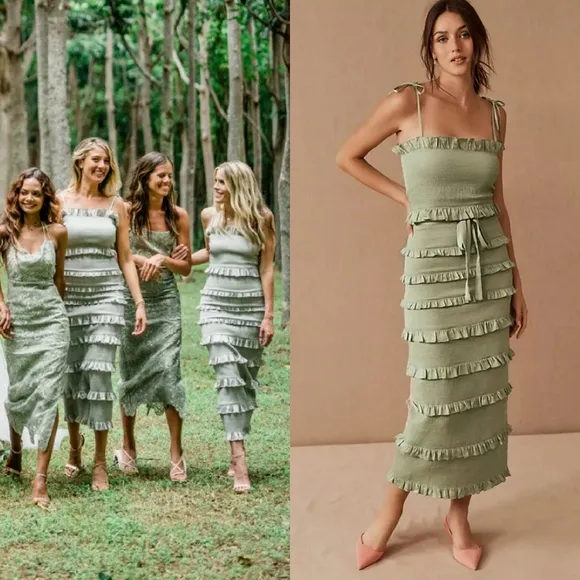 V. Chapman Lily Ruched &amp; Ruffled Stretch Satin Midi Dress Sage Green 10