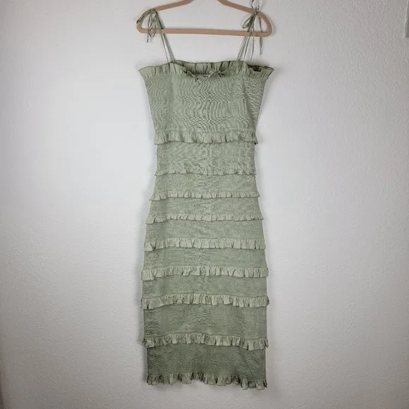 V. Chapman Lily Ruched &amp; Ruffled Stretch Satin Midi Dress Sage Green 10