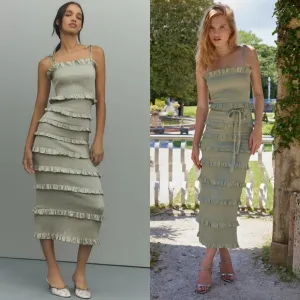 V. Chapman Lily Ruched &amp; Ruffled Stretch Satin Midi Dress Sage Green 10
