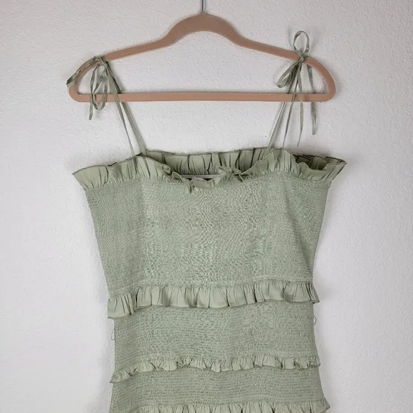 V. Chapman Lily Ruched &amp; Ruffled Stretch Satin Midi Dress Sage Green 10
