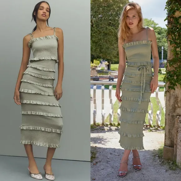 V. Chapman Lily Ruched &amp; Ruffled Stretch Satin Midi Dress Sage Green 10