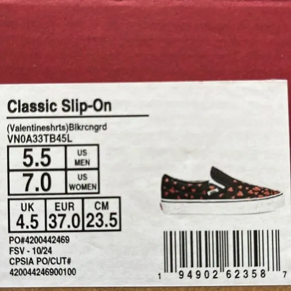 Valentine Special-vans classic slip on valentine hearts women size 6.5/7