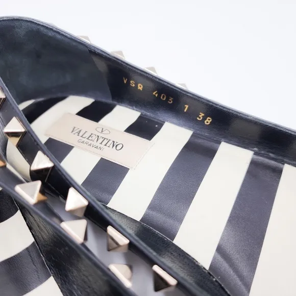 Valentino Garavani Rockstud Stripe Black White Pointed Toe Flats EU 38