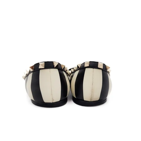 Valentino Garavani Rockstud Stripe Black White Pointed Toe Flats EU 38