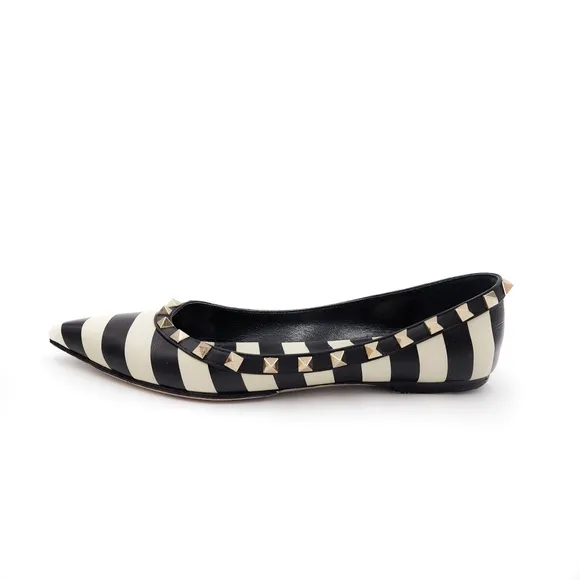 Valentino Garavani Rockstud Stripe Black White Pointed Toe Flats EU 38