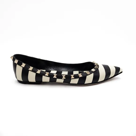 Valentino Garavani Rockstud Stripe Black White Pointed Toe Flats EU 38