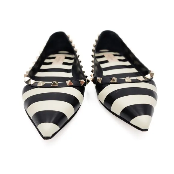 Valentino Garavani Rockstud Stripe Black White Pointed Toe Flats EU 38
