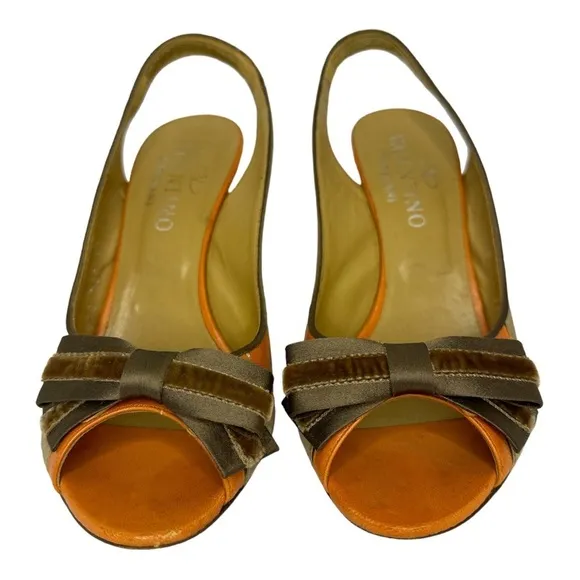 VALENTINO GARAVANI Suede Slingback Wedges with Peep Toe, Orange and Tan