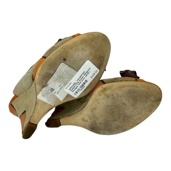 VALENTINO GARAVANI Suede Slingback Wedges with Peep Toe, Orange and Tan