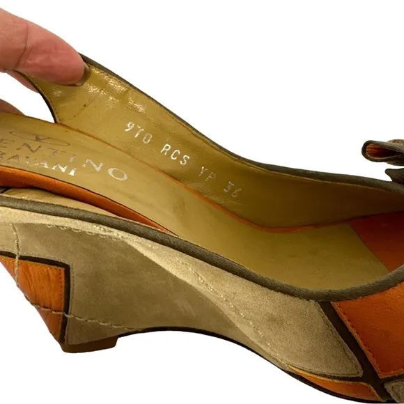 VALENTINO GARAVANI Suede Slingback Wedges with Peep Toe, Orange and Tan