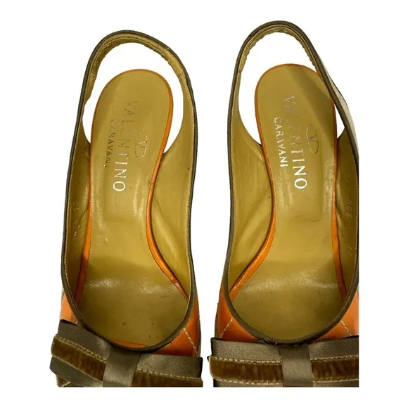 VALENTINO GARAVANI Suede Slingback Wedges with Peep Toe, Orange and Tan