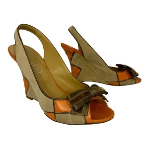 VALENTINO GARAVANI Suede Slingback Wedges with Peep Toe, Orange and Tan