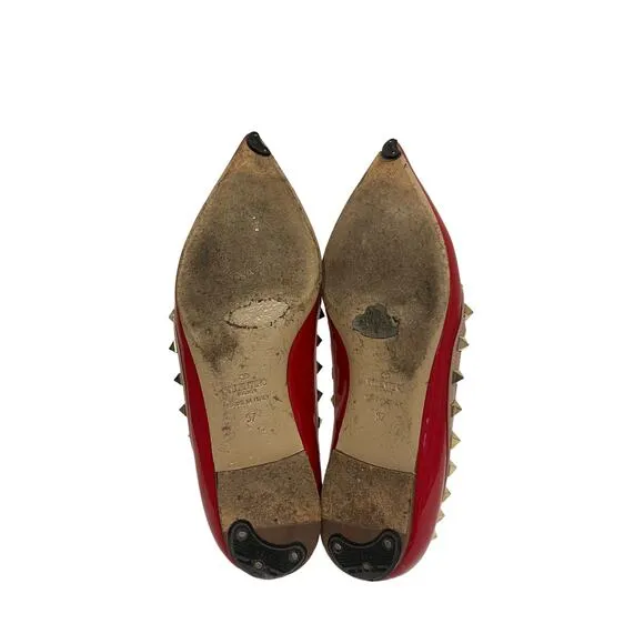 VALENTINO Red Patent Leather Pink Trim Studded Rockstud Pointed Flats EU 37 US 7