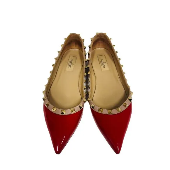 VALENTINO Red Patent Leather Pink Trim Studded Rockstud Pointed Flats EU 37 US 7