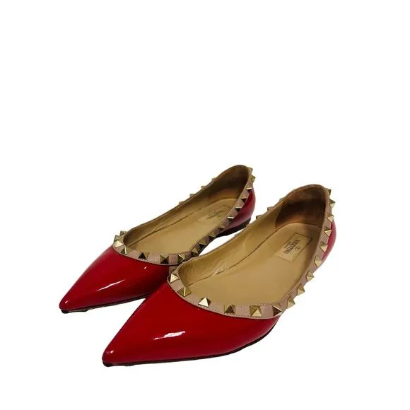 VALENTINO Red Patent Leather Pink Trim Studded Rockstud Pointed Flats EU 37 US 7