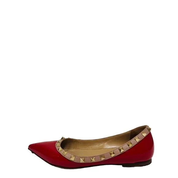 VALENTINO Red Patent Leather Pink Trim Studded Rockstud Pointed Flats EU 37 US 7
