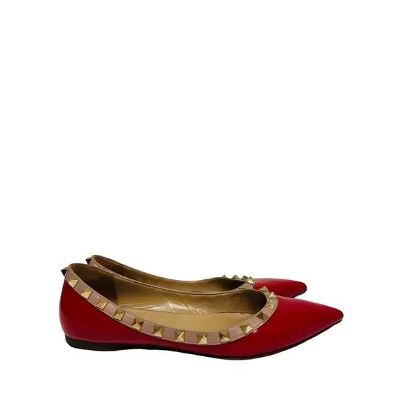 VALENTINO Red Patent Leather Pink Trim Studded Rockstud Pointed Flats EU 37 US 7