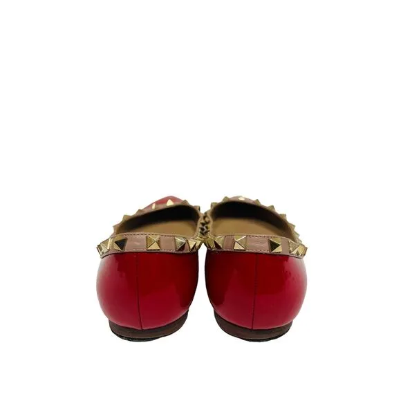VALENTINO Red Patent Leather Pink Trim Studded Rockstud Pointed Flats EU 37 US 7