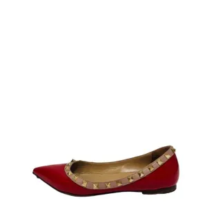VALENTINO Red Patent Leather Pink Trim Studded Rockstud Pointed Flats EU 37 US 7