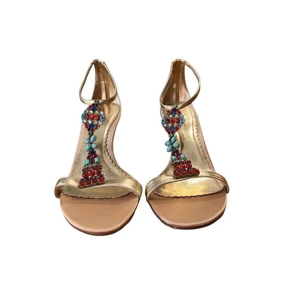 Valerie Stevens-Mosaic-Beaded Strappy Sandal Heels - Gold Leather - Womens Sz 10