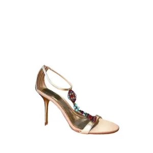 Valerie Stevens-Mosaic-Beaded Strappy Sandal Heels - Gold Leather - Womens Sz 10