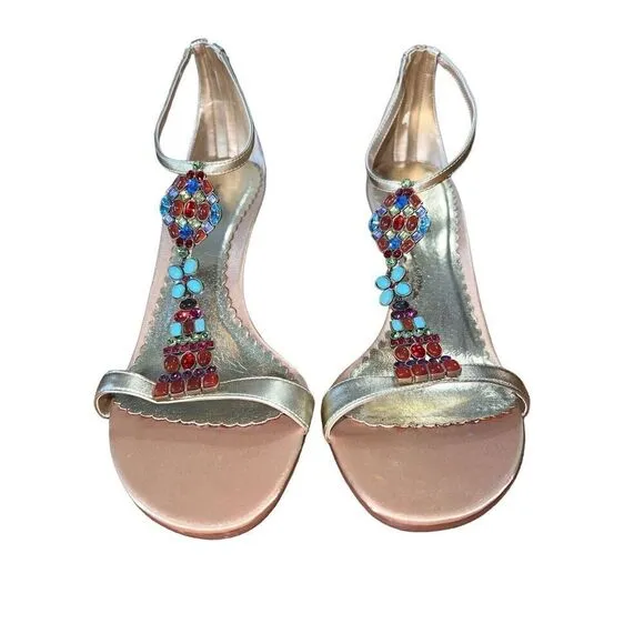 Valerie Stevens-Mosaic-Beaded Strappy Sandal Heels - Gold Leather - Womens Sz 10