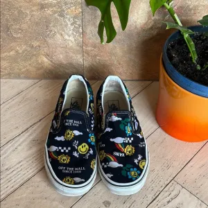 VANS W10.5 M9 BETTER DAYS SKATE SHOES MULTICOLOR SLIP-ON HAPPY FACE RAINBOWS.