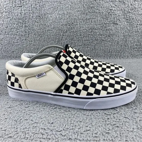 Vans asher checkers Mens‎ 11.5 Shoes Black Natural Canvas Slip On Skate Sneakers