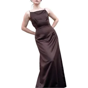 Vera Wang Espresso Brown Boat Neck Sleeveless Satin Maci Bridesmaid Formal Gown