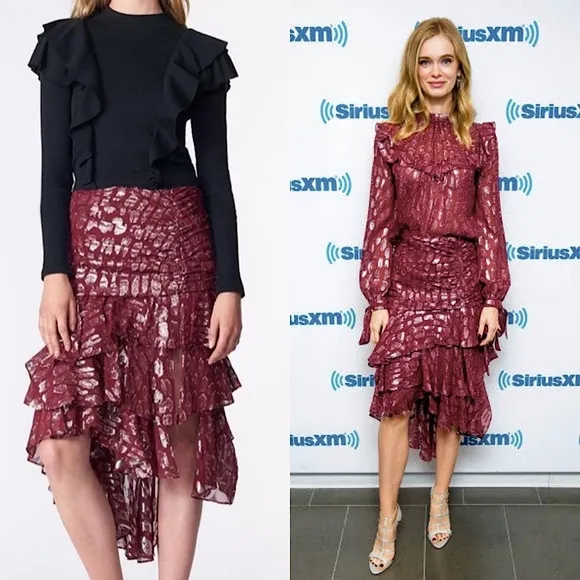 VERONICA BEARD Silk Burgundy Metallic Detail Ruched Tiered Ruffle Midi Skirt 2