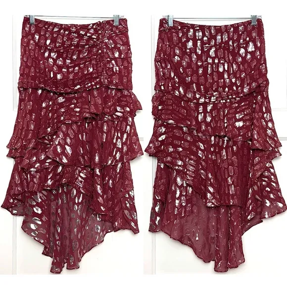 VERONICA BEARD Silk Burgundy Metallic Detail Ruched Tiered Ruffle Midi Skirt 2