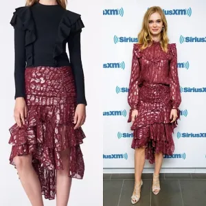 VERONICA BEARD Silk Burgundy Metallic Detail Ruched Tiered Ruffle Midi Skirt 2