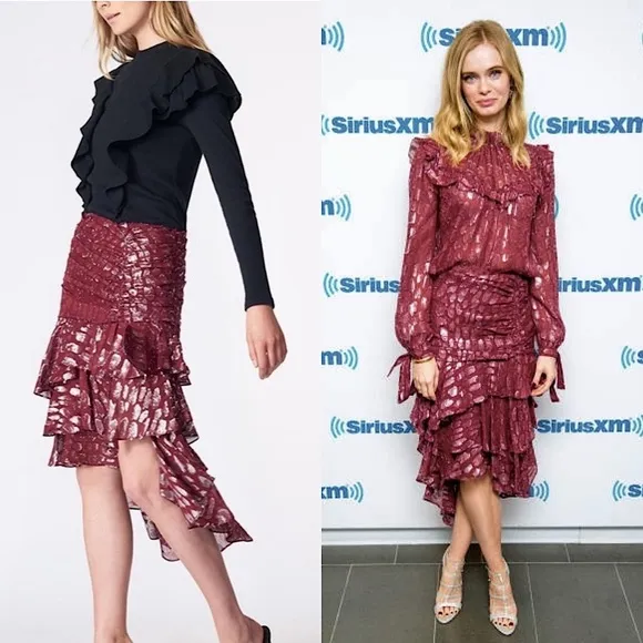 VERONICA BEARD Silk Burgundy Metallic Detail Ruched Tiered Ruffle Midi Skirt 2