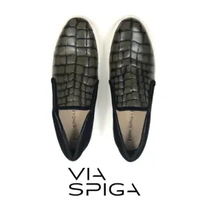 Via Spiga Black Green Leather Slip On Croc Embossed Sneaker Size 11