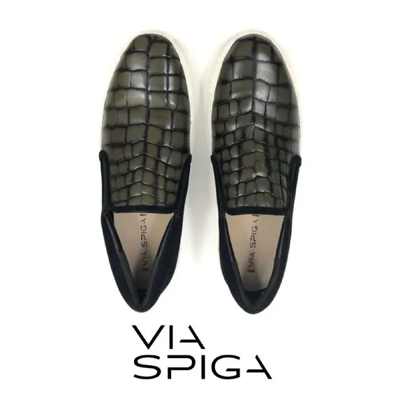 Via Spiga Black Green Leather Slip On Croc Embossed Sneaker Size 11