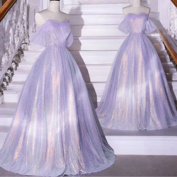 VigoCouture Lavender Shimmering Sparkly Tulle Off the Shoulder Formal Prom Dress