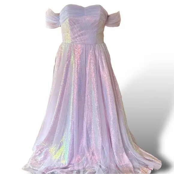 VigoCouture Lavender Shimmering Sparkly Tulle Off the Shoulder Formal Prom Dress