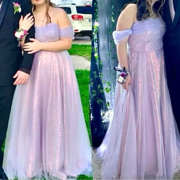 VigoCouture Lavender Shimmering Sparkly Tulle Off the Shoulder Formal Prom Dress