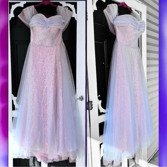 VigoCouture Lavender Shimmering Sparkly Tulle Off the Shoulder Formal Prom Dress