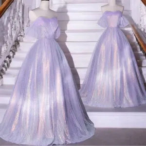 VigoCouture Lavender Shimmering Sparkly Tulle Off the Shoulder Formal Prom Dress