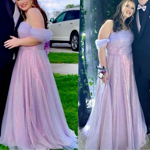 VigoCouture Lavender Shimmering Sparkly Tulle Off the Shoulder Formal Prom Dress