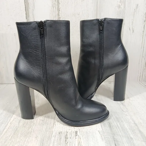 Vince Black Leather Round Toe Side Zip High Heel Ankle Boots #473
