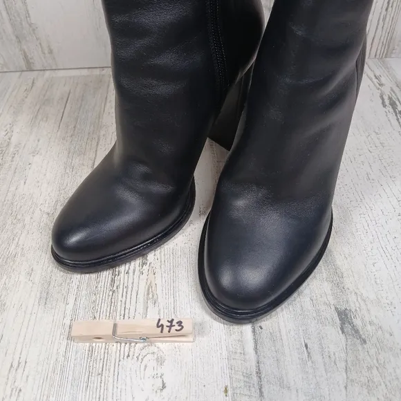 Vince Black Leather Round Toe Side Zip High Heel Ankle Boots #473