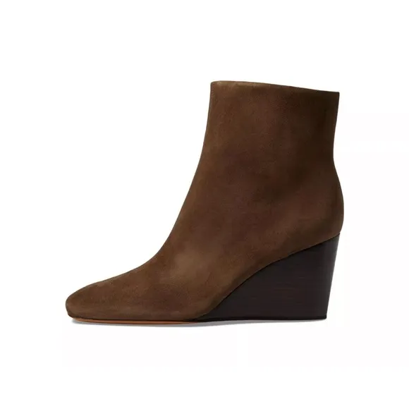 Vince Brown Suede Andy Wedge Square Toe Ankle Bootie Side Zip Stacked Heel 7 37